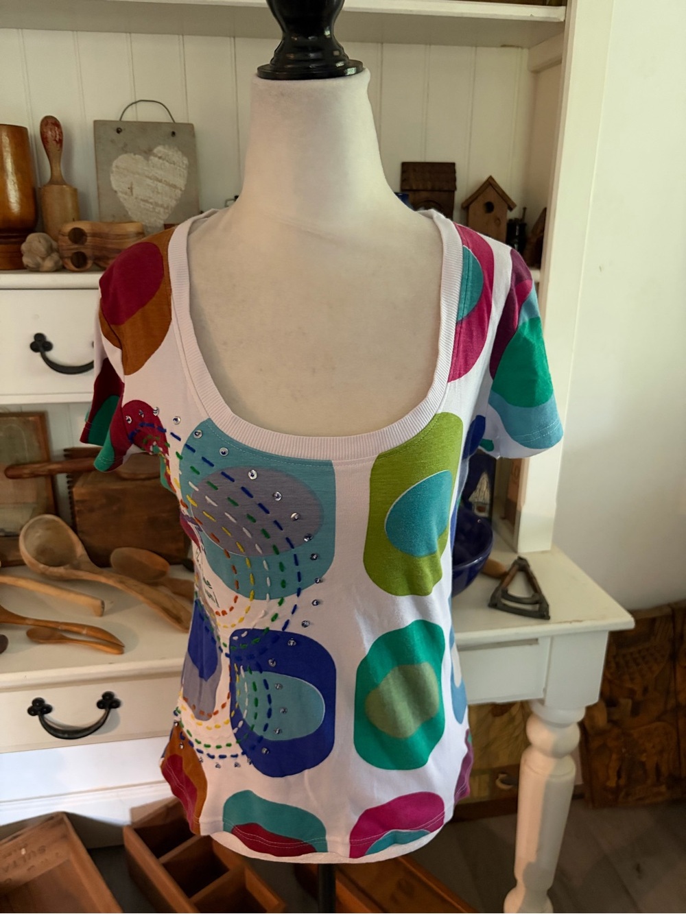 Desigual Women's Scoop Neck Short Sleeve Top with Multicolor Dot Print